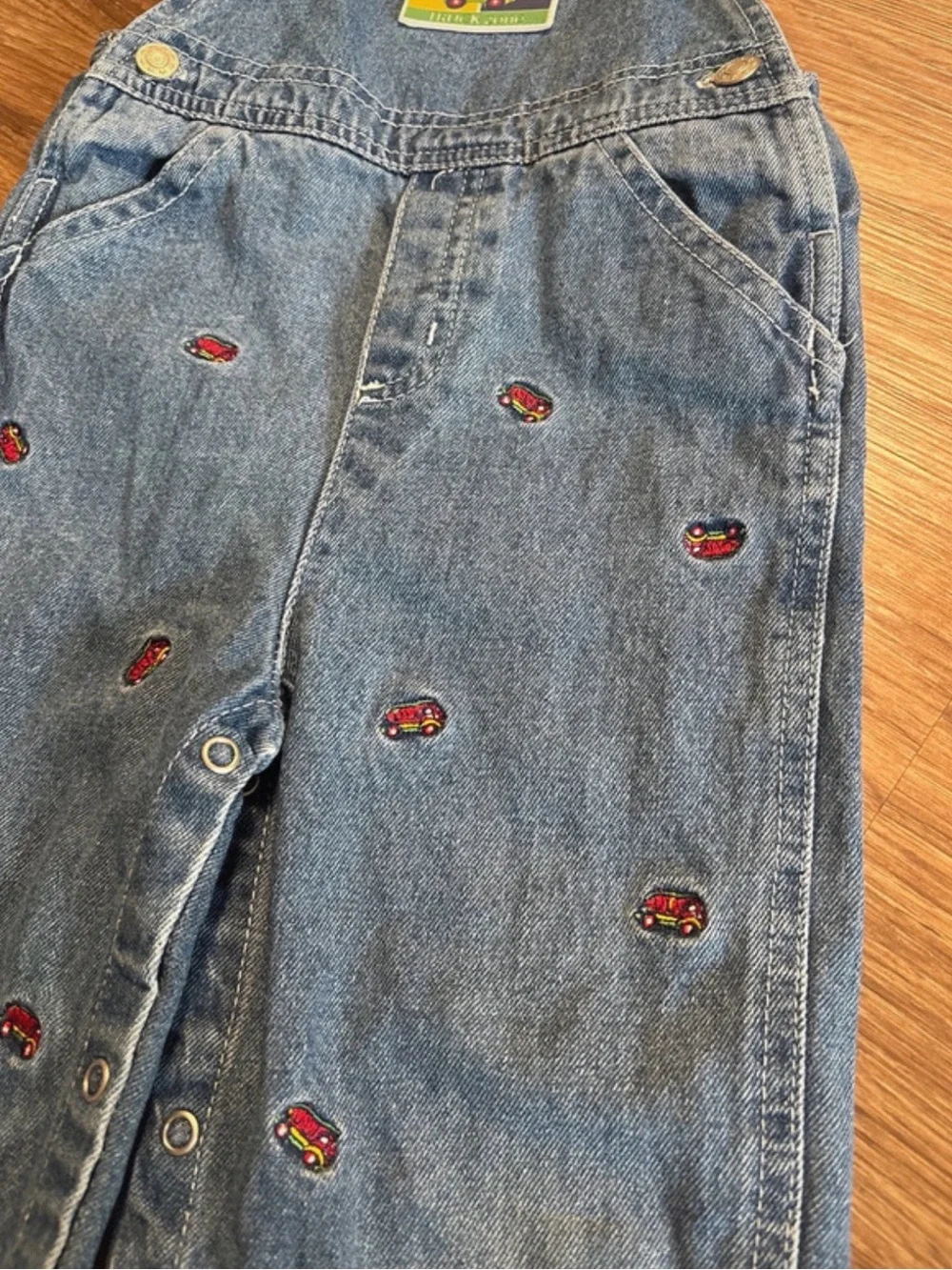 VTG 90s Red Trucks Overalls embroidered Denim 24 month 2T